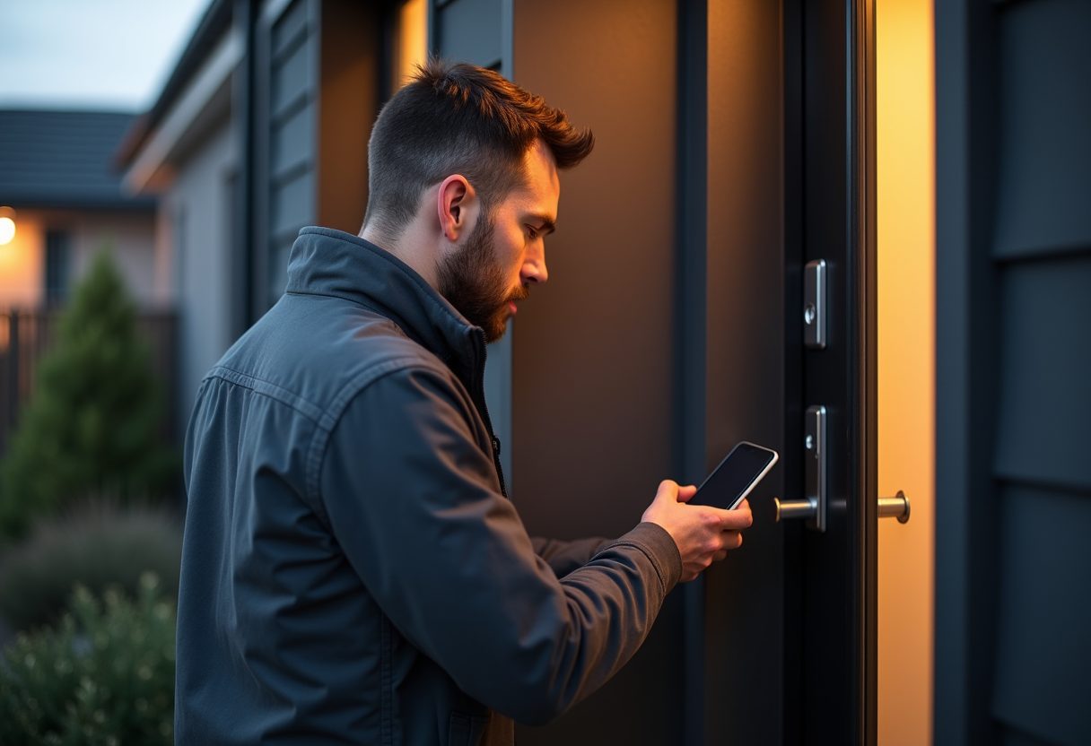 Keypad smart lock being installed on a modern front door — Riverview